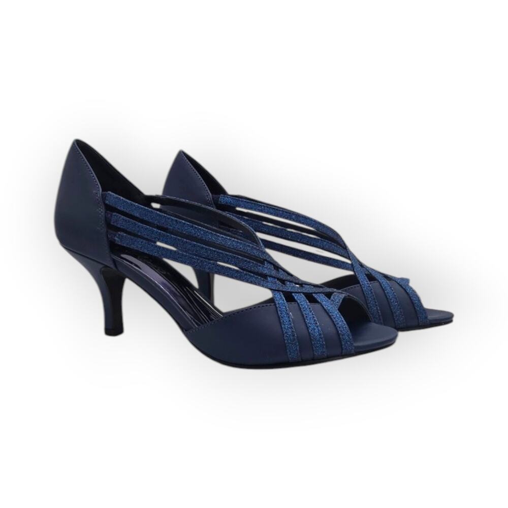 Oceana Navy Glitter Strappy Peep Toe Heels Comfort Pumps Size 10M Easy Street